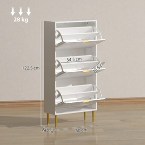 Sapateira com capacidade para 18 pares, com 3 gavetas rebatíveis, portas caneladas e prateleiras ajustáveis, 60 x 24 x 122,5 cm, branco