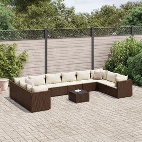 vidaXL 11 pcs conjunto lounge jardim c/ almofadões vime PE castanho