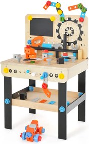 Bancada de ferramentas crianças 46 cm x 37 cm x 72 cm com conjunto de ferramentas Acessórios Quadro branco Estante suspensa multicolorida