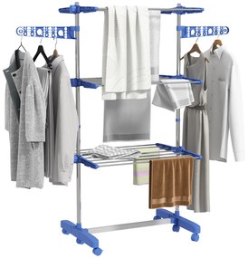 HOMCOM Estendal para Roupa Dobrável 80x55x152cm com 6 Rodas e 3 Prateleiras com Altura Ajustável de Aço Inoxidável Prata e Azul