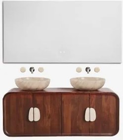 Conjunto De Móvel De Casa De Banho Dupla Suspensa 130x45 Cm Em Madeira De Manga E Pedra Natural Kivalina Travertino - Madeira De Mangueira Escura & -