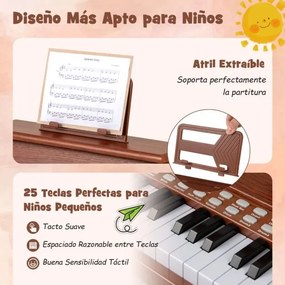 Piano de brincar com 25 teclas para crianças 38 x 24 x 29 cm, com suporte e modo de aprendizagem, velocidade e volume ajustáveis, design em madeira Ca