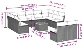 12 pcs conjunto sofás p/ jardim c/ almofadões vime PE cinzento