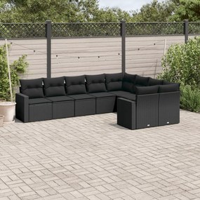 9 pcs conjunto de sofás p/ jardim c/ almofadões vime PE preto