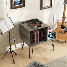 Suporte para gira-discos e discos Vinil com mesa lateral de encaixe com divisória para até 145 álbuns com pernas metálicas Cinzento