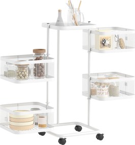Conjunto de 4 cestos giratórios com rodas, carrinho para frutas e legumes, tabuleiro, prateleira em arame de aço, 33x33x77 cm, branco