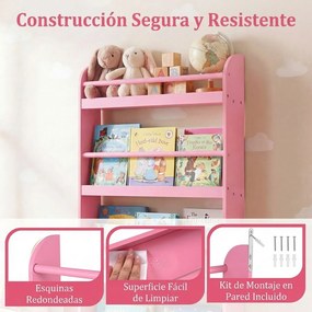 Estante infantil de parede com 4 níveis 56 x 12 x 107 cm, prateleiras abertas, barras de segurança e bordas elevadas para quarto infantil ou sala de a
