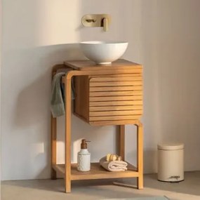 Conjunto De Móveis De Banheiro Em Madeira De Teca Bradley Cerâmica Branca Redonda Ø30 Cm Calgari & Sem Espelho & Dourado - Sklum