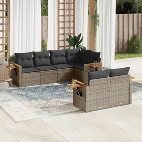 7 pcs conjunto sofás p/ jardim c/ almofadões vime PE cinzento