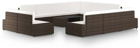 12 pcs conjunto lounge p/ jardim c/ almofadões vime PE castanho