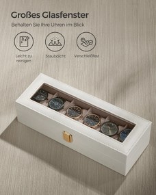 Caixa para relógios com 6 compartimentos 11,2 x 30 x 8 cm, fecho metálico, ideia para presente, branco