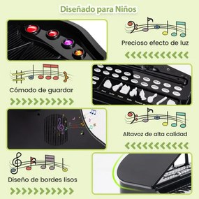 Teclado de piano para crianças com 37 teclas e banco multifuncional portátil com microfone LED e modo de ensino Preto
