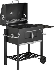 Outsunny Barbecue a Carvão com Rodas Tampa Grelhas de Aço Inoxidável Termômetro Bandeja Lateral e Prateleira 113x65x108 cm Preto | Aosom Portugal