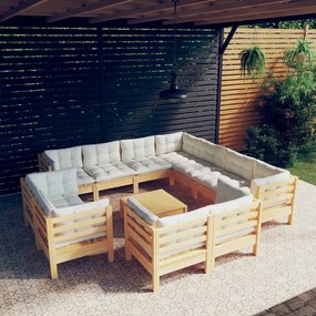 vidaXL 12 pcs conjunto lounge jardim c/ almofadões creme pinho maciço