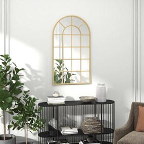 Espelho com vidro em arco, estilo industrial, janela em arco de metal, 110 x 65 cm, dourado