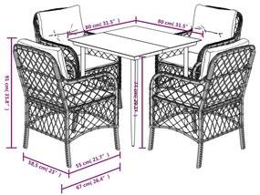 5 pcs conjunto de jantar p/ jardim c/ almofadões vime PE cinza