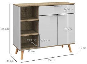 Aparador Sala de Estar com 1 Gaveta 2 Portas de Fechamento Suave e Prateleiras Ajustáveis 95x35x85 cm Branco e Madeira