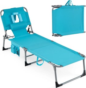 Espreguiçadeira dobrável para exterior, reclinável, com orifícios, apoio para o rosto, braços e encosto ajustável, bolsos, portátil, para praia e pisc