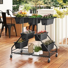 Floreira elevada com rodas 7 caixas de plantação Cestos de arrumação 100 x 56 x 99 cm Preto