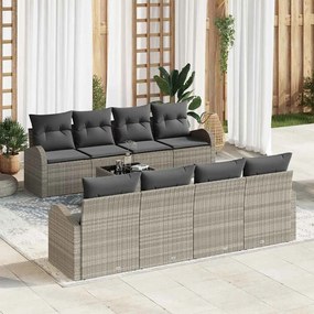 Conjunto de Sofá de Jardim de 9 Peças com Almofadas Cinza Claro Vime Poliéster