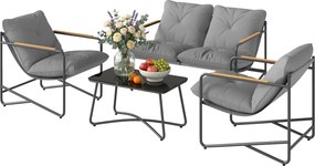 Conjunto de jardim de 4 peças com sofá de 2 lugares, 2 poltronas e mesa de centro em vidro temperado; almofadas de 13 cm em cinzento claro