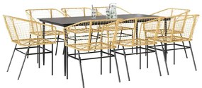Conjunto jantar jardim 9 peças vidro vime PE castanho