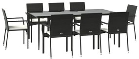 9 pcs conjunto de jantar p/ jardim c/ almofadões vime PE preto