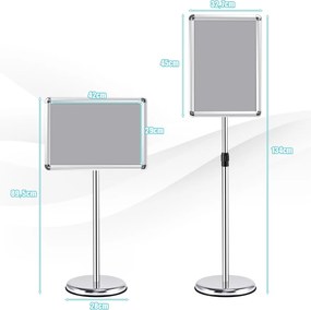 Conjunto de 2 suportes de pé A3 para cartazes de metal, cartazes de quadro, menus, publicidade exterior, altura ajustável, giratório, prateado