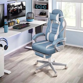 Cadeira Gaming com encosto reclinável e almofada para o apoio de cabeça Azul marinho + branco creme