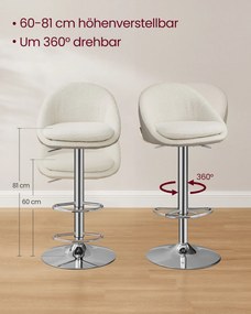 Conjunto de 2 bancos de bar com altura regulável creme branco-prata cinzento