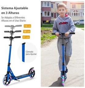 Trotinete dobrável com luzes LED para crianças Guiador com altura ajustável 93 x 43 x 91-106 cm Azul