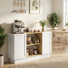 Aparador Moderno com 2 Prateleiras Abertas e 2 Portas de Fecho Suave para Sala de Jantar e Sala de Estar 133x35x79,7 cm Natural e Branco