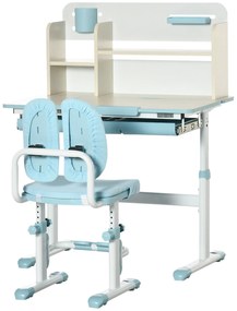 Conjunto de Secretária e Cadeira para Crianças com Altura Ajustável Gaveta  e Bancada Inclinável 80x52x88-109 cm Azul e Branco