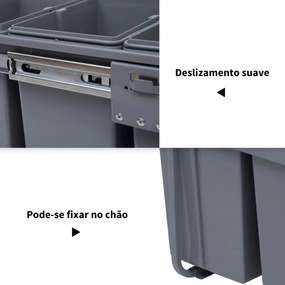 Cubos de Lixo para Cozinha com 3 recipientes de Reciclagem Removíveis 1x20L e 2x10L Metal e Plástico 48x34,2x41,8cm Cinza