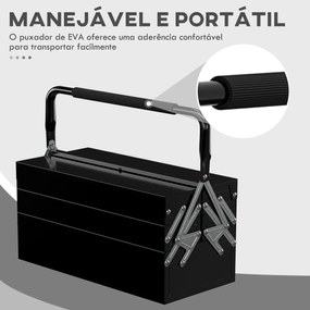 Caixa de Ferramentas de Aço Dobrável com 5 Compartimentos Mala de Ferramentas com Pega para Oficina e Casa 45x20x34,5 cm Preto