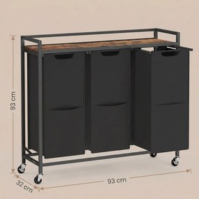 Carrinho de roupa com 3 compartimentos 93 x 32 x 93 cm, sacos de roupa removíveis, prateleira para arrumação preto-castanho