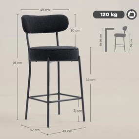 Conjunto de 2 bancos de bar em tecido felpudo, bancos de bar com encosto curvo e apoio para os pés, 49 x 52 x 95 cm, preto