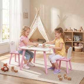 Conjunto Mesa e 2 Cadeiras para Crianças 3-6 Anos em Madeira com Cantos Arredondados, Tema Algodão Doce, Rosa