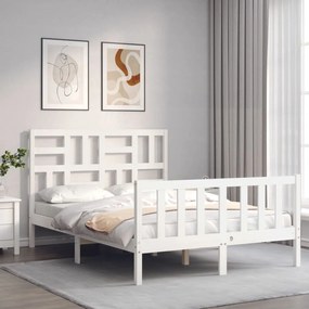 vidaXL Estrutura de cama de casal c/ cabeceira madeira maciça branco