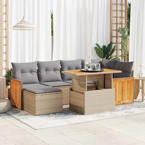 7 pcs conjunto sofás jardim com almofadões vime PE/acácia bege