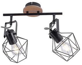 Foco industrial preto com madeira 2 luzes - Sven Moderno