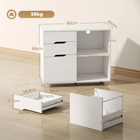 Móvel para Impressora com Rodas, 3 Gavetas, Barra Ajustável, 2 Prateleiras Abertas e Puxadores, para Documentos A4, Branco