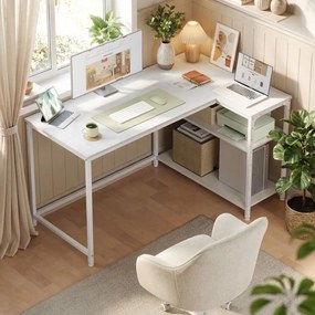 Secretária de canto 120 x 80 cm, em forma de L com prateleira regulável em altura,  branco