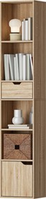 Biblioteca, estante para livros 30 x 24 x 158 cm, móvel de arrumação com gaveta, armário e compartimentos abertos, cor natural