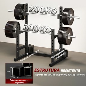 Suporte Ajustável para Barras de Pesas (NÃO INCLUIDOS) com Segurança Reforçada Carga até 300 kg Altura Regulável 48-135/45-85 cm Preto