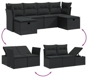 6 pcs conjunto sofás de jardim c/ almofadões vime PE preto