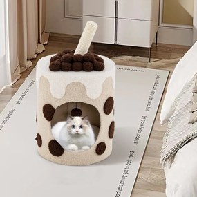 Arranhador para gatos em forma de chá de bolhas Torre para gatos com poste de arranhar em sisal e bola suspensa 67 x 37 x 37 cm castanho e bege