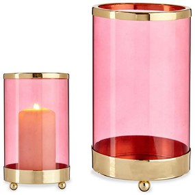 Castiçais Cor de Rosa Dourado Cilindro Metal Vidro (9,7 X 16,5 X 9,7 cm)