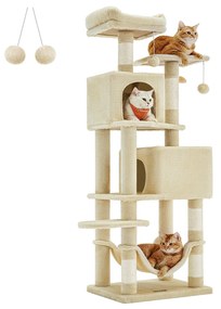 Arranhador para gatos com 2 plataformas e 2 cavernas 49 x 40 x 155 cm bege