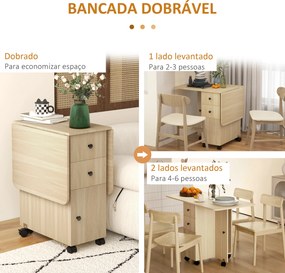 Mesa de Jantar Dobrável com Rodas (CADEIRAS NÃO INCLUIDAS) Mesa Abatível com 2 Gavetas e Armário Mesa Auxiliar Multifuncional 120x60x76,5 cm Madeira